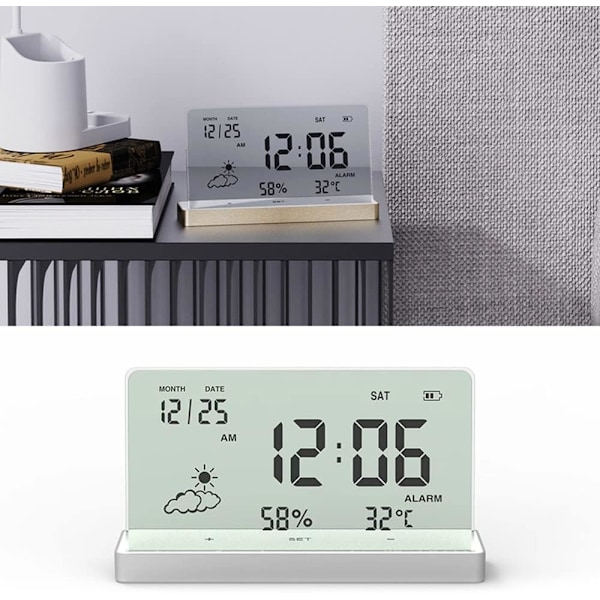 Digital väckarklocka, kreativ tydlig digital klocka med transparent stor skärm Temp/Fuktighet/Datum Visning Elektronisk väckarklocka Skrivbord Guld