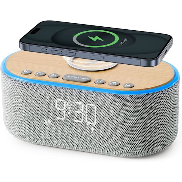 Vækkeur Bluetooth FM-radio: 10W stereohøjttaler - Hurtig trådløs opladning til iPhone Samsung - Dæmpbar urradio til soveværelse Grå -