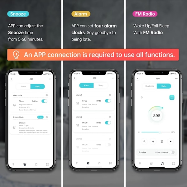Solopgangs vækkeur - Vækkeur med lys - APP/Stemmestyring - Smart solopgangssimulering - Søvnhjælp - Bluetooth-højttaler - Snooze - 4 alarmer - FM-radio - 7 naturlige