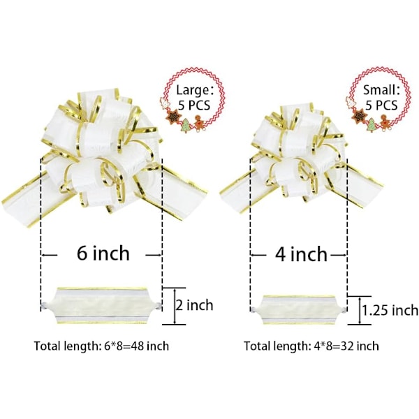 Gavebånd for gaveinnpakning, 10 stk hvite trekkbånd med gullfarget linje, innpakning