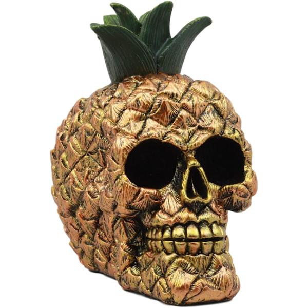 Ebros Hawaiian Tropical Pineapple Golden Skull Figurine 6\" Høj Frugt Skelet Hoved Statue til Dag for de Døde Spooky Dekoration Multi Farvet Multi