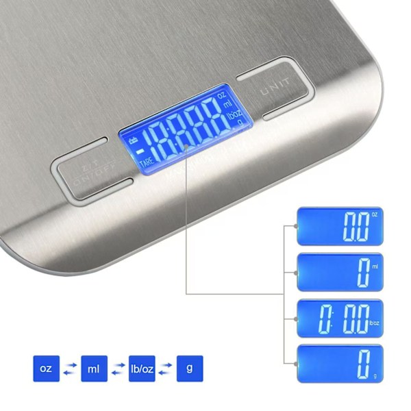 10 kg digitaalinen keittiövaaka - korkea tarkkuus, LCD-näyttö, taaraustoiminto ruoanlaittoon ja leivontaan