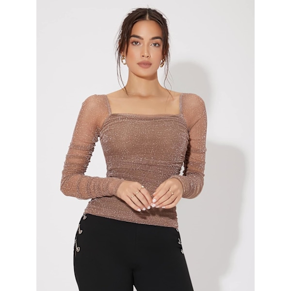 Kvinde Ruched Square Neck Sequin Mesh Langærmet T-shirt Toppe