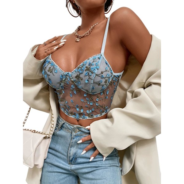Kvinnors genomskinliga spets crop top stretch spaghetti rem crop