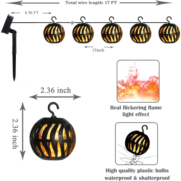 Utomhus solcellslampor - Flimrande flamslingor med 10 vattentäta dekorativa hängande utelampor för trädgård, bakgårdsfest, runda