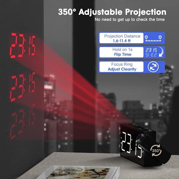 Projektorvekkerklokke for soverom med USB-lader