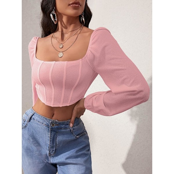 Kvinners langarmede Crop Top Tee Square Neck Basic T-skjorte