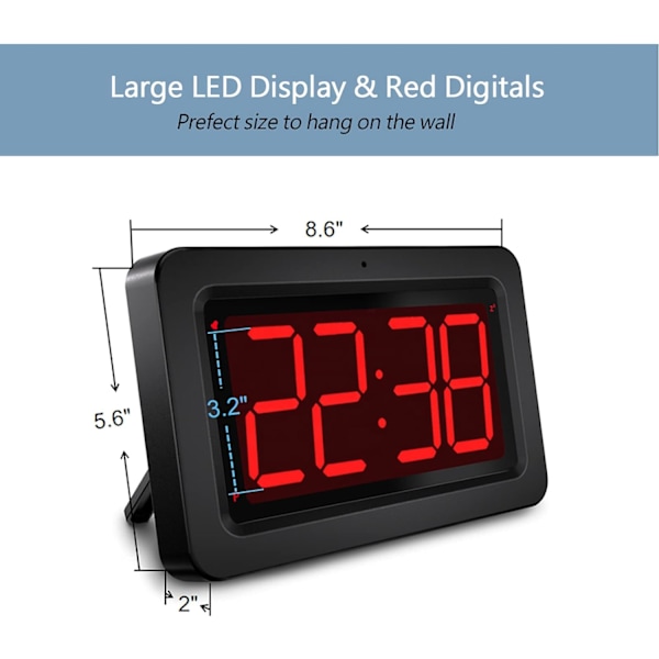Väggklocka, 3 \"LED-digitalklocka Stor display, Batteridriven eller huvudströmsförsörjning, Svagt ljus Stör inte sömnen och Svart
