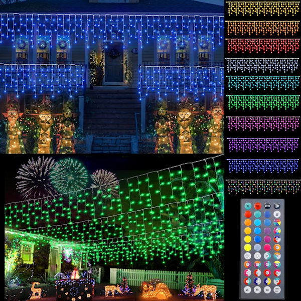 Farveskiftende istaplyssnor med 44-tasters fjernbetjening, LED-istaplyssnor til jul udendørs, 240 LED 23 fod RGB vandtætte hængende lyssnor til RGB