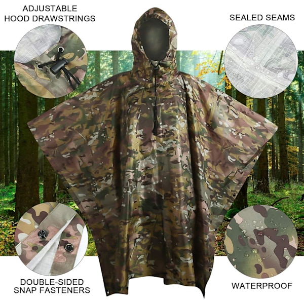 Camo Poncho Militær Multicam Vanntett Hette Regnfrakk Ryggsekk Deksel