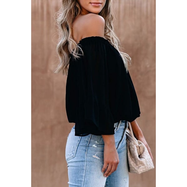 Kvinnors Mesh Lång Puffärm Topp Off Shoulder Square Neck Slim Ribbade Toppar
