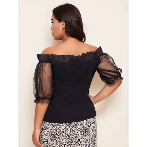 Kvinde Plus Størrelse Off Shoulder Sheer Mesh Puff Korte Ærme Bluse Toppe