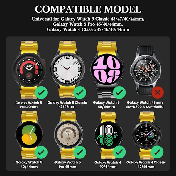 20mm rostfritt stål utan gap band [One Click Attachment] för Galaxy Watch 6 5 4 Active 2 40mm 44mm, Watch 6 Classic 47mm 43mm, Watch 5 Pro 45mm