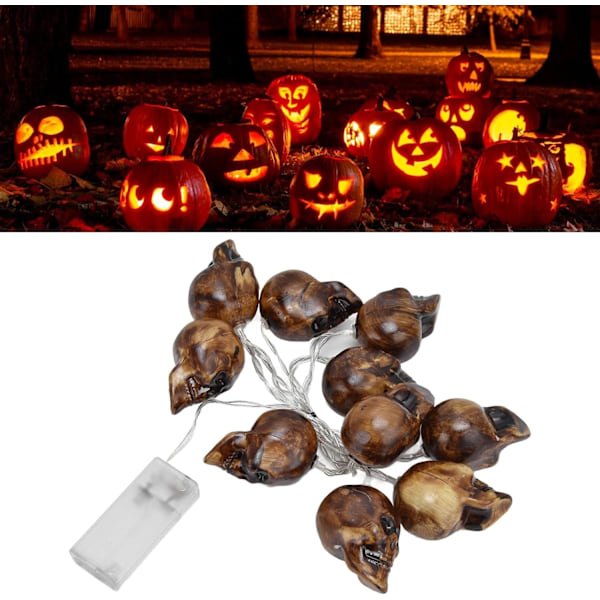 LED-ljusslinga med fast och flimrande batteridrift, 4,9 fot 10 LED 2 lägen Halloween-skalle ljusslinga, hemsk naturtrogen batteridriven