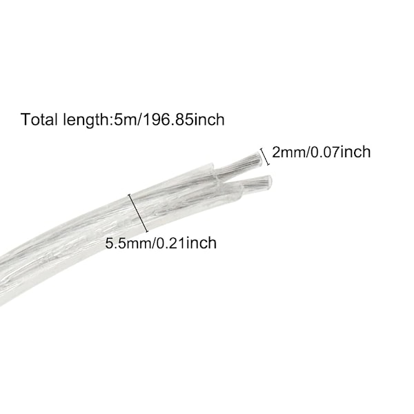 5M elektrisk ledning - 2-leder fladt transparent PVC-kabel
