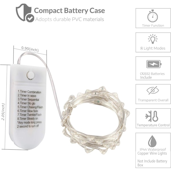 [12-pakning] 8 moduser fe-lyskjede med timer, 20 LED-lys på 6,5 fot sølvtråd, fe-lys batteridrevet 2xCR2032, 3 til 4 dager i