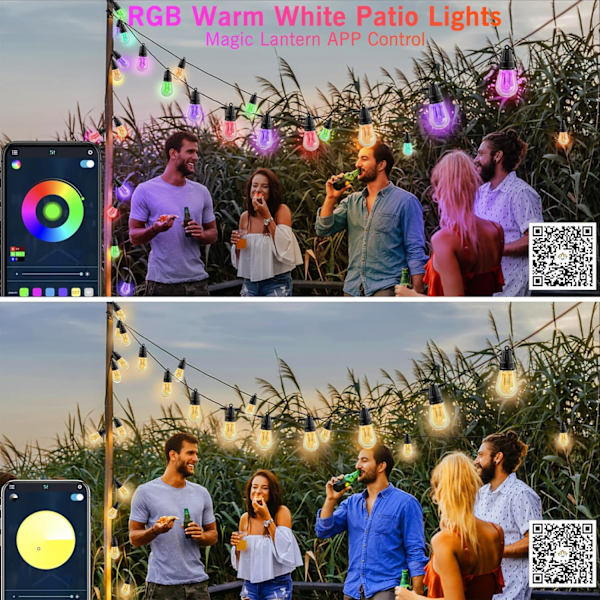 Utomhus ljusslingor, RGB varmvit uteplatsbelysning 49ft 20 LED-lampor, fjärr- och appstyrning, färgväxling, IP65 vattentäta hängande lampor för