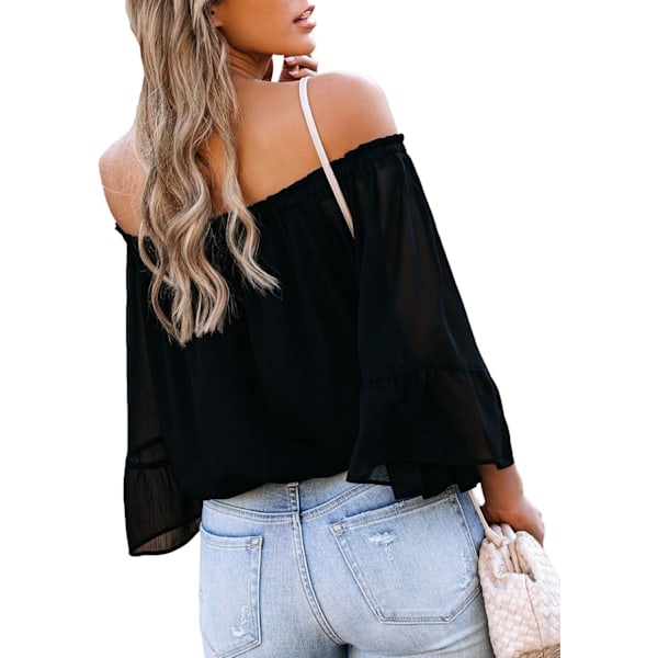 Kvinnors Mesh Lång Puffärm Topp Off Shoulder Square Neck Slim Ribbade Toppar