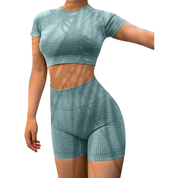 Yoga 2-delat set träningskläder löpning crop top sömlösa hög midja shorts set