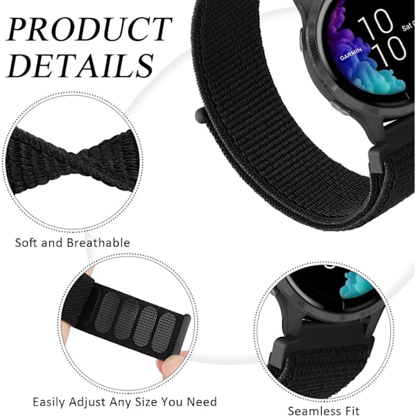 Band för Garmin Venu/Vivoactive 3 klocka, 20 mm justerbar nylon