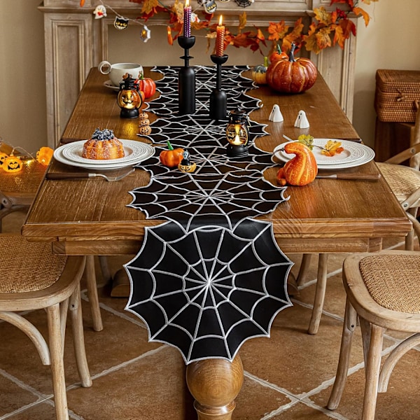 14 x 92 tum, Embroiere Spier Web bordslöpare, Svart spismantel sjal, Halloween bordsdekorationer för fester Gotisk läskiga nätter Bla Bla