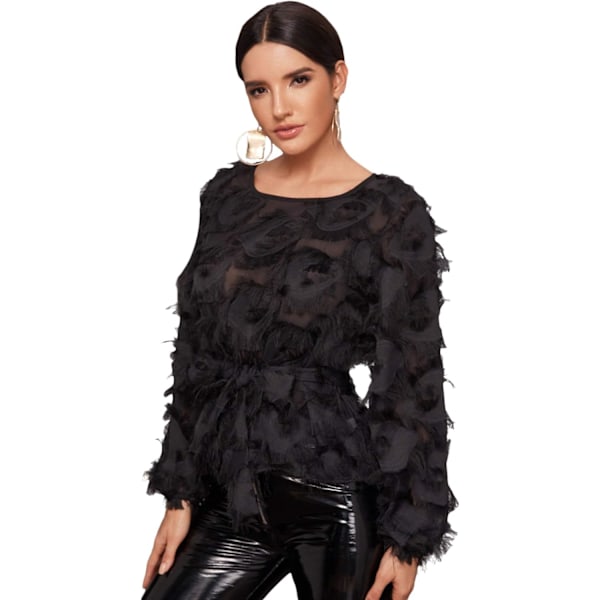 Kvinners Casual Rund Hals Frynser Patch Lang Ermet Mesh Topp