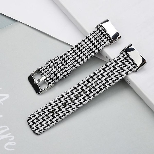 Til Fitbit Charge 5 Nylon Lærred Rem JRT Black White Grid