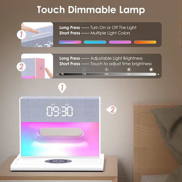 För sovrum, väckarklocka Bluetooth-högtalare, väckarklocka med trådlös laddning, 4 i 1 touch-sänglampa, Bluetooth-väckarklocka för tung vit