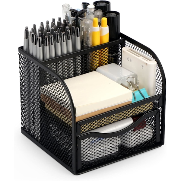 Mesh skrivebordsarrangør, metal skrivebords blyantholder, blyantholder til skrivebord med skuffe, skrivebordstilbehør, multifunktionel caddy blyantarrangører med 3 sorte