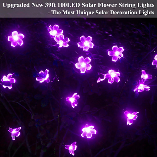 Blomster Solcellslampor Utomhus String Vattentät 39ft 100LED Fe Lampor, Solcells Körsbärsblomstror String Lampor för Utomhus Trädgård Uteplats Gård Stängsel