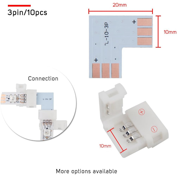 Højre vinkel L-formet loddefri hjørneforbindelse til LED-strimmel (10 sæt)