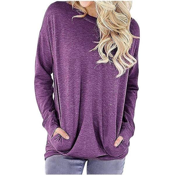 Dam tröjor höst pullover tröjor casual lös passform tunika topp bekväm söt sweatshirts långärmad crewneck t-shirts m8 purple Small