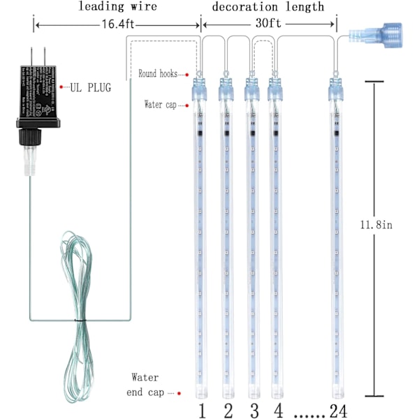 Julelys Udendørs, 24 Rør (svarende til 3 sæt med 8 rør) Meteorskur Lys Snefald Icicle Lys til Juletræ Halloween Hvid