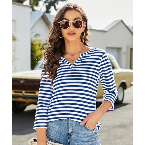 Dammjuk V-ringad 3/4 ärm tunika topp randig Henley blusar