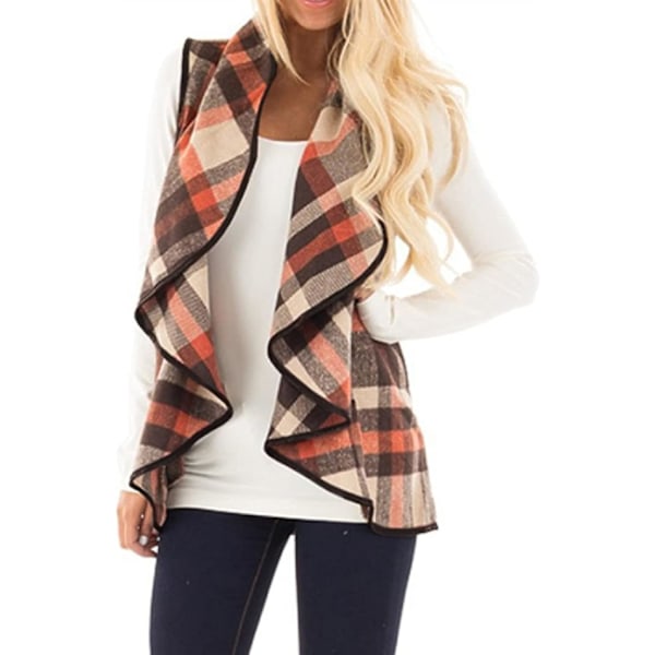 Women Vest Lapel Open Front Buffalo Plaid Sleeveless Cardigan Jacket Coat with