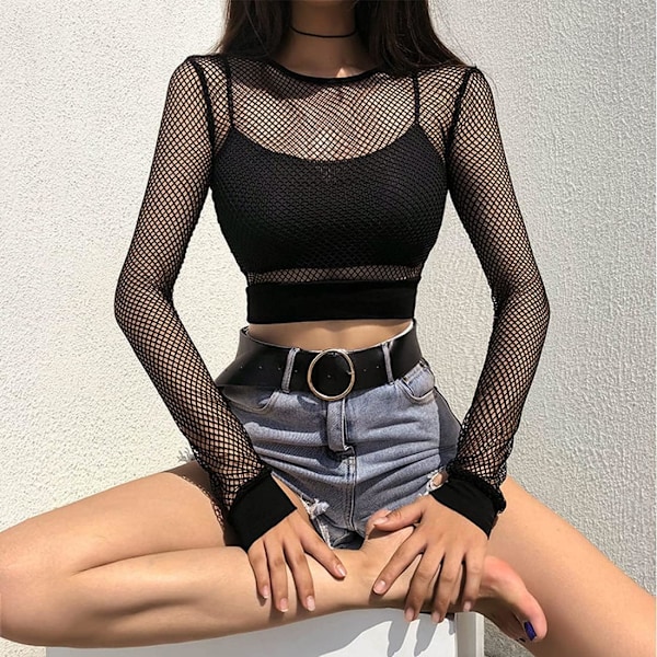 Kvinnerskjorter Tulle Mesh Langærmet Skjorter Topper Transparent Svart Langærmet