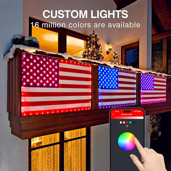 RGB Amerikansk flagglys, 3x5FT 98LED lys opp amerikansk flagg for utendørs, USB-plugg med funksjonsknapp og appkontroll, DIY lysshow, 4. juli