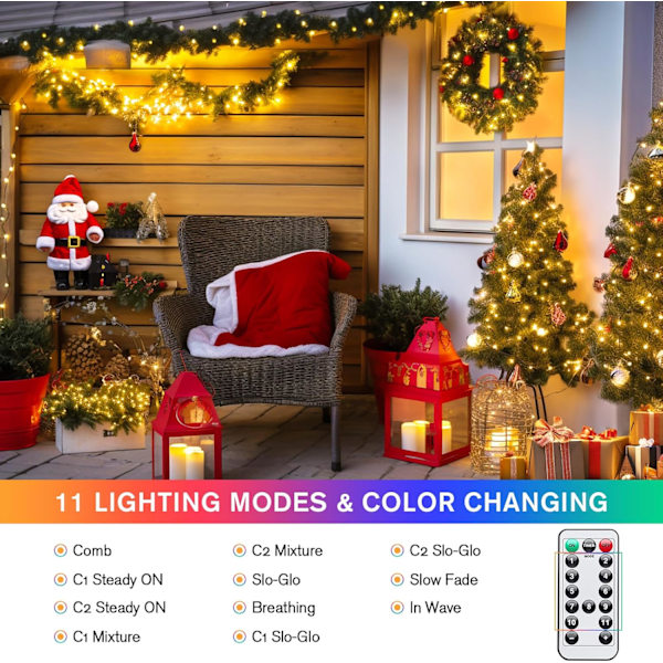 2-pack solcellslampor för jul med varmt vitt och flerfärgat ljus, 11 lägen fjärrkontroll, 100 LED vardera, 42,7 fot solcellslampor med färgväxling, vattentäta utomhus