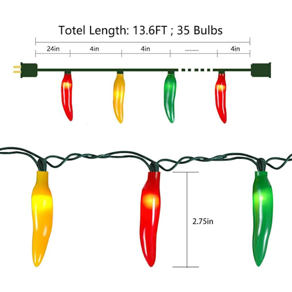 Chili Peber Julelys, 13,6FT Chili Peber Lys med 35 Multifarvede Varme Hvide Hot Chili, Glødepære Peber Lys til