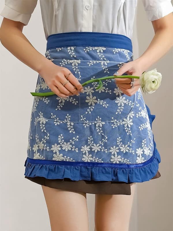 Unisex Kockförkläden Vit Retro Bomull Hembiträde Kort 2 Fickor Midja Servitör Servitris Halv