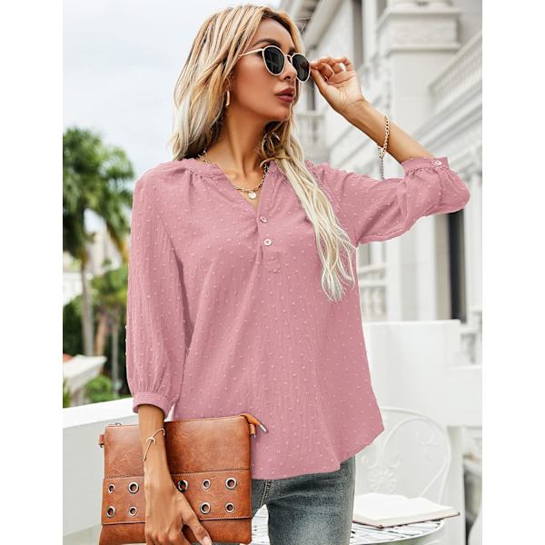 Kvinners Casual 3/4 Ermet Henley V-hals Knappet Opp Plissert Bak Bluser Sveitsisk