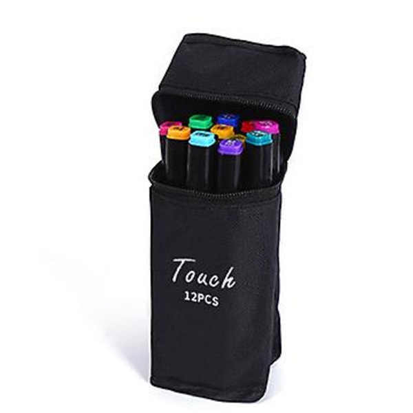 12 väriä graafinen tussi musta kuorikynä, kaksikärkinen Sketch kynä Twin Marker kaksipäinen hieno värillinen luonnosmerkki leveä ja hienokärki PVC-pakkauksella