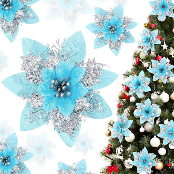 12 stk Glitter Jul Poinsettia Kunstig Jul Blomster Ornamenter Blomster