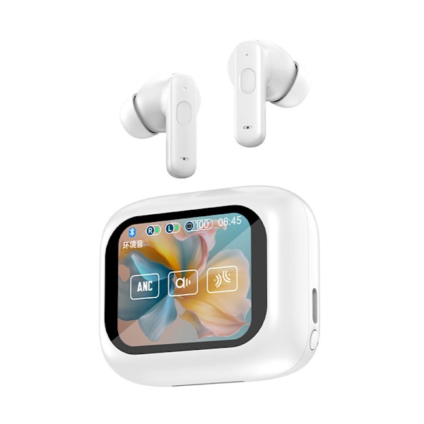 Active Noise Cancelling Earbuds ANC med Smart Touch Screen til iPhone Android TWS True Wireless Bluetooth Earbuds White