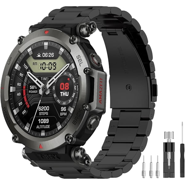 Udskiftningsrem kompatibel med Amazfit T-Rex Ultra, justerbar forretningsstil i metal, solid rustfrit stål Quick Release-rem til