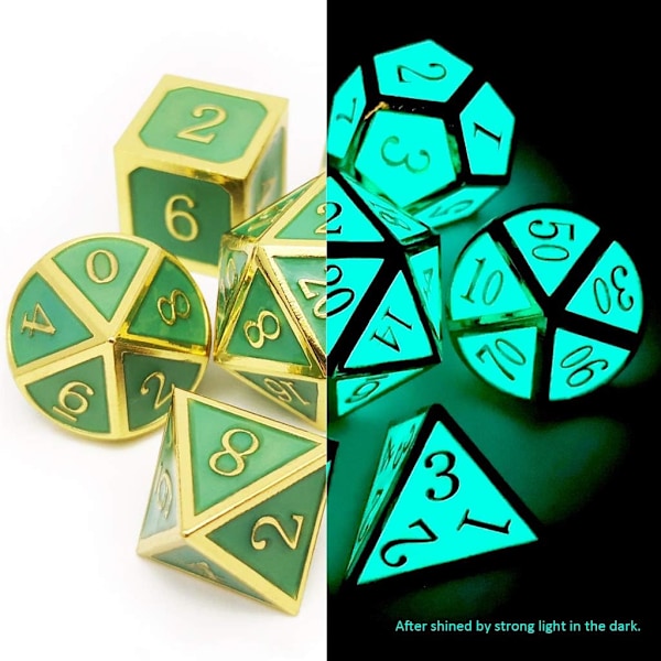Glow in the Dark Glowing Blue Metal Dice Set D&D W/ Dragon Dice Bag