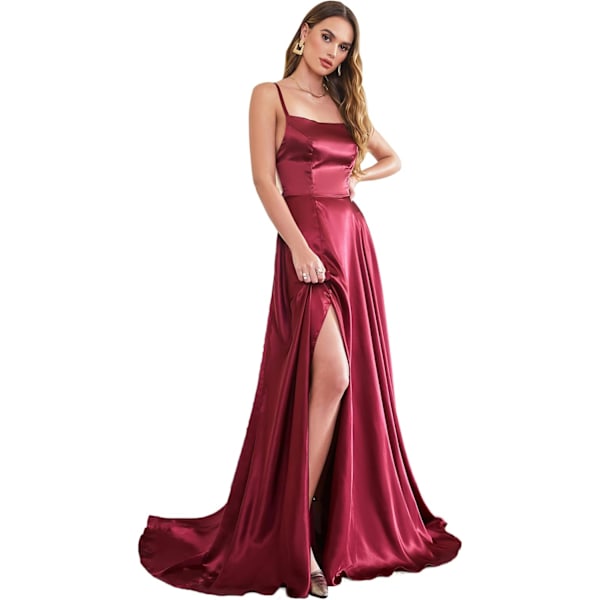 Satin Prom Kjole Kvinder Spaghetti Stropper Split Brudepiger Aften Festkjoler