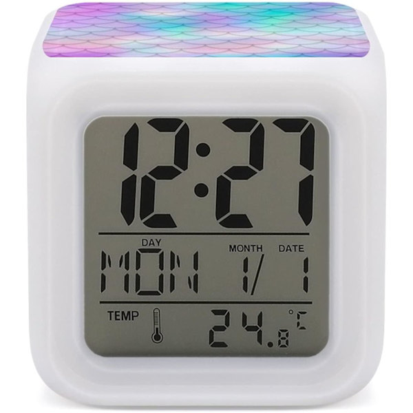 Rosa Turkos Lila Gradient Sjöjungfru Svans Fjälls Fjälls 7 Färg LED Ändra Digital Lysande Väckarklocka, LED Kub Nattljus Klocka, Vakna