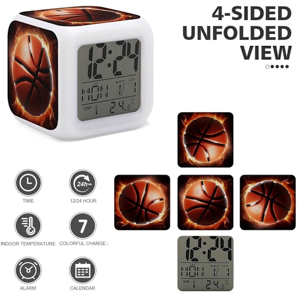 LED-väckarklocka, basketboll i brandtryck, flerfärgad väckarklocka, geometrisk väckarklocka, sovrumsväckarklocka, tyst väckarklocka, vit vit