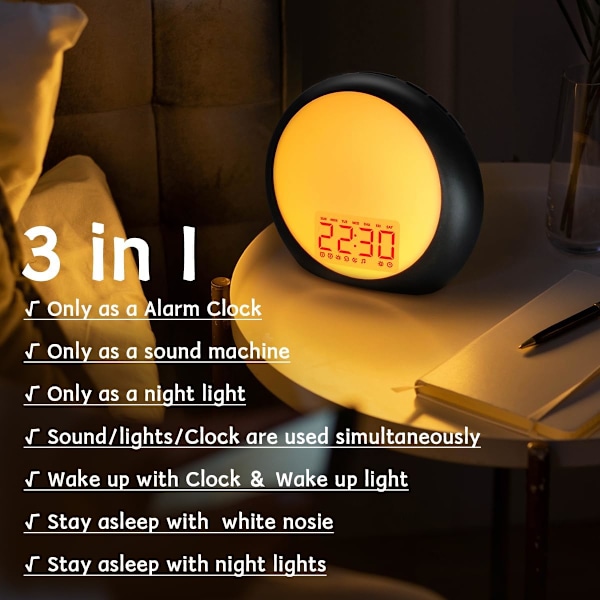 Hvid støjmaskine Vækkeur Lys Solopgang Alarmur med Solopgang Solnedgang Simulation til tunge sovende Børns soveværelse Dobbelt alarm Snooze Lyd
